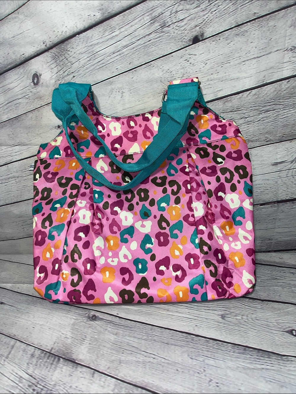 Pink Leopard-Print Tote with Teal Handles